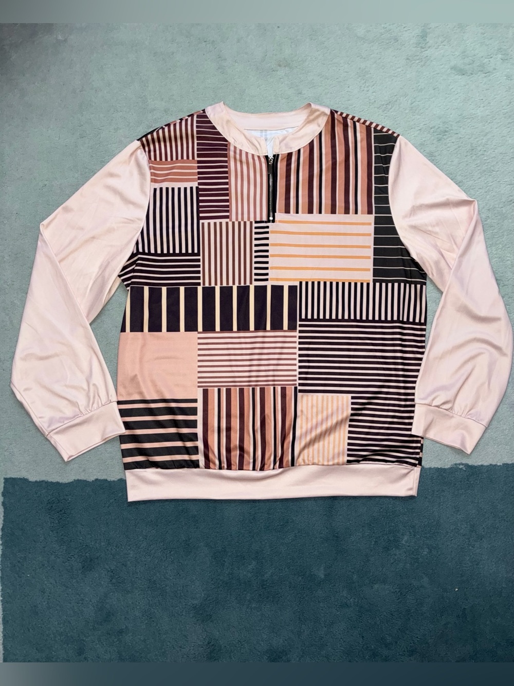 Quarter Zip Pullover Geometric Stripe Patchwork Print Long Sleeve Top XXL